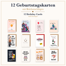 Laden Sie das Bild in den Galerie-Viewer, Edition Seidel Set 12 Geburtstagskarten mit Umschlag. Glückwunschkarten Doppelkarten Klappkarten Kartenset Happy Birthday lustige Sprüche Aperol Wein Bier Tiere Mann Frau (SW026) (36701)
