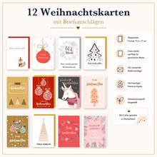 Laden Sie das Bild in den Galerie-Viewer, Edition Seidel Set 12 Weihnachtskarten mit Umschlag. Grußkarten Doppelkarten Klappkarten Kartenset Frohe Weihnachten Christbaumkugeln Gold Einhorn Tannenbaum Weihnachtsgrüße (SW026) (36703)
