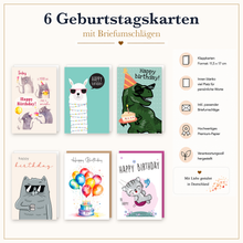 Laden Sie das Bild in den Galerie-Viewer, Edition Seidel Set 6 Geburtstagskarten mit Umschlag. Glückwunschkarten Doppelkarten Klappkarten Kartenset Happy Birthday Katze Lama Dino Ballons Torte lustig Kinder Frau Mann (SW026) (36698)
