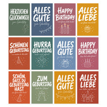 Laden Sie das Bild in den Galerie-Viewer, Edition Seidel Set 12 Geburtstagskarten mit Umschlag. Glückwunschkarten Doppelkarten Klappkarten Kartenset Pinselschrift bunt kräftige Farben Spruch Alles Gute Happy Birthday Mann Frau (SW026)(37277)
