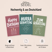 Laden Sie das Bild in den Galerie-Viewer, Edition Seidel Set 12 Geburtstagskarten mit Umschlag. Glückwunschkarten Doppelkarten Klappkarten Kartenset Pinselschrift bunt kräftige Farben Spruch Alles Gute Happy Birthday Mann Frau (SW026)(37277)

