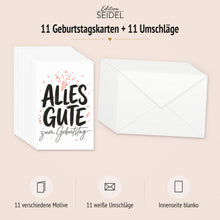 Laden Sie das Bild in den Galerie-Viewer, Edition Seidel Set 11 Geburtstagskarten mit Umschlag. Glückwunschkarten Doppelkarten Klappkarten Kartenset Lettering schwarz weiß modern minimalistisch Happy Birthday Alles Gute Mann Frau (SW026)(37281)
