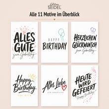 Laden Sie das Bild in den Galerie-Viewer, Edition Seidel Set 11 Geburtstagskarten mit Umschlag. Glückwunschkarten Doppelkarten Klappkarten Kartenset Lettering schwarz weiß modern minimalistisch Happy Birthday Alles Gute Mann Frau (SW026)(37281)
