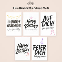 Laden Sie das Bild in den Galerie-Viewer, Edition Seidel Set 11 Geburtstagskarten mit Umschlag. Glückwunschkarten Doppelkarten Klappkarten Kartenset Lettering schwarz weiß modern minimalistisch Happy Birthday Alles Gute Mann Frau (SW026)(37281)
