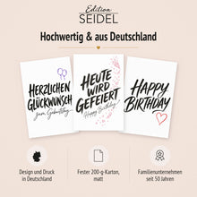 Laden Sie das Bild in den Galerie-Viewer, Edition Seidel Set 11 Geburtstagskarten mit Umschlag. Glückwunschkarten Doppelkarten Klappkarten Kartenset Lettering schwarz weiß modern minimalistisch Happy Birthday Alles Gute Mann Frau (SW026)(37281)
