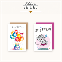Laden Sie das Bild in den Galerie-Viewer, Edition Seidel Set 6 Geburtstagskarten mit Umschlag. Glückwunschkarten Doppelkarten Klappkarten Kartenset Happy Birthday Katze Lama Dino Ballons Torte lustig Kinder Frau Mann (SW026) (36698)
