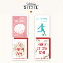 Laden Sie das Bild in den Galerie-Viewer, Edition Seidel Set 20 Geburtstagskarten mit Umschlag. Glückwunschkarten Doppelkarten Klappkarten Kartenset Happy Birthday bunt lustig Einhorn Lama Kinder Frau Mann (SW026) (36705)
