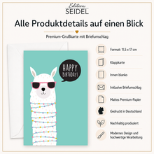 Laden Sie das Bild in den Galerie-Viewer, Edition Seidel Set 6 Geburtstagskarten mit Umschlag. Glückwunschkarten Doppelkarten Klappkarten Kartenset Happy Birthday Katze Lama Dino Ballons Torte lustig Kinder Frau Mann (SW026) (36698)
