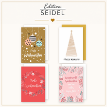 Laden Sie das Bild in den Galerie-Viewer, Edition Seidel Set 12 Weihnachtskarten mit Umschlag. Grußkarten Doppelkarten Klappkarten Kartenset Frohe Weihnachten Christbaumkugeln Gold Einhorn Tannenbaum Weihnachtsgrüße (SW026) (36703)
