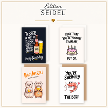Laden Sie das Bild in den Galerie-Viewer, Edition Seidel Set 12 Geburtstagskarten mit Umschlag. Glückwunschkarten Doppelkarten Klappkarten Kartenset Happy Birthday lustige Sprüche Aperol Wein Bier Tiere Mann Frau (SW026) (36701)
