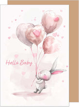 Laden Sie das Bild in den Galerie-Viewer, Edition Seidel Premium Glückwunschkarte zur Geburt mit Umschlag. Karte Grußkarte Babykarte Billet Hello Baby Junge Mädchen Kind Hase Luftballons rosa (E282 SW024)
