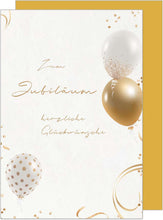 Laden Sie das Bild in den Galerie-Viewer, Edition Seidel Premium Glückwunschkarte zum Jubiläum mit Umschlag. Jubiläumskarte Ehrentag Grusskarte Billet Mann Frau Feier Firma Ballons Gold (J132 SW024)
