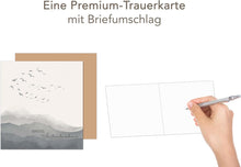 Laden Sie das Bild in den Galerie-Viewer, Edition Seidel Premium quadratische Trauerkarte mit Umschlag. Beileidskarte Karte in stiller Trauer Mitgefühl stille Anteilnahme Abschied herzliches Beileid Vögel Berge Nebel (TQ105 SW024)
