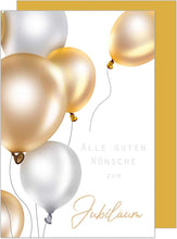 Laden Sie das Bild in den Galerie-Viewer, Edition Seidel Premium Glückwunschkarte zum Jubiläum mit Umschlag. Karte zum Jubiläum mit Spruch. Jubiläumskarte Grusskarte Luftballons Gratulation Billet Mann Frau (J121 SW023)
