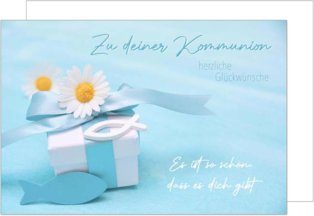 Edition Seidel Premium Glückwunschkarte zur Kommunion mit Umschlag. Kommunionskarte Karte mit Spruch Grusskarte Geschenk Fisch Blume Junge Mädchen (KO298 SW024)