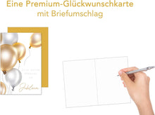 Laden Sie das Bild in den Galerie-Viewer, Edition Seidel Premium Glückwunschkarte zum Jubiläum mit Umschlag. Karte zum Jubiläum mit Spruch. Jubiläumskarte Grusskarte Luftballons Gratulation Billet Mann Frau (J121 SW023)
