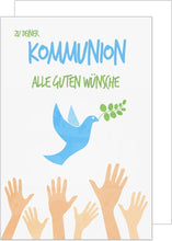 Laden Sie das Bild in den Galerie-Viewer, Edition Seidel Premium Glückwunschkarte zur Kommunion mit Umschlag. Eine einzelne Karte Kommunionskarte Grusskarte Hände Taube Zweig Junge Mädchen (KO245 SW022)
