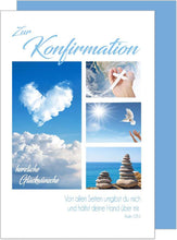 Laden Sie das Bild in den Galerie-Viewer, Edition Seidel Premium Glückwunschkarte zur Konfirmation mit Umschlag. Konfirmationskarte mit Spruch Karte Grusskarte Himmel Meer Wolken Kreuz Junge Mädchen (KF287 SW023)
