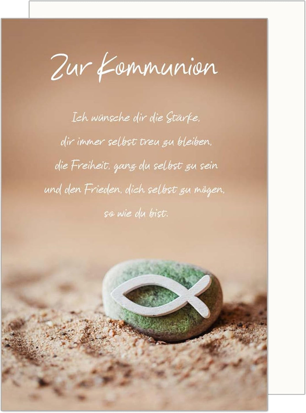 Edition Seidel Premium Glückwunschkarte zur Kommunion mit Umschlag. Kommunionskarte Karte mit Spruch Grusskarte Stein Fisch Sand Junge Mädchen (KO289 SW024)