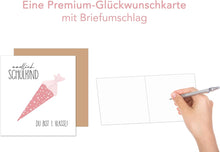 Laden Sie das Bild in den Galerie-Viewer, Edition Seidel Premium quadratische Glückwunschkarte zur Einschulung mit Umschlag. Einschulungskarte mit Spruch zum Schulanfang Karte Grußkarte für Schulkind Mädchen Schultüte 1. Klasse (ESQ104 SW025)
