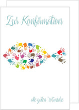 Laden Sie das Bild in den Galerie-Viewer, Edition Seidel Premium Glückwunschkarte zur Konfirmation mit Umschlag. Konfirmationskarte Karte Grusskarte bunte Hände Fisch Junge Mädchen (KF271 SW022)
