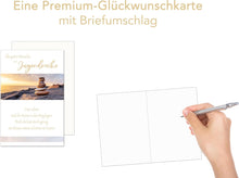 Laden Sie das Bild in den Galerie-Viewer, Edition Seidel Premium Glückwunschkarte zur Jugendweihe mit Umschlag. Jugendweihekarte Karte mit Spruch Grusskarte Meer Strand Himmel Junge Mädchen (JW133 SW024)
