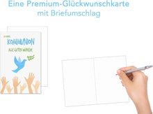 Laden Sie das Bild in den Galerie-Viewer, Edition Seidel Premium Glückwunschkarte zur Kommunion mit Umschlag. Eine einzelne Karte Kommunionskarte Grusskarte Hände Taube Zweig Junge Mädchen (KO245 SW022)

