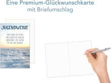 Laden Sie das Bild in den Galerie-Viewer, Edition Seidel Premium Glückwunschkarte zur Jugendweihe mit Umschlag. Jugendweihekarte Karte mit Spruch Grusskarte Himmel Wolken Junge Mädchen (JW139 SW024)
