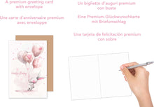 Laden Sie das Bild in den Galerie-Viewer, Edition Seidel Premium Glückwunschkarte zur Geburt mit Umschlag. Karte Grußkarte Babykarte Billet Hello Baby Junge Mädchen Kind Hase Luftballons rosa (E282 SW024)
