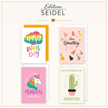 Laden Sie das Bild in den Galerie-Viewer, Edition Seidel Set 20 Geburtstagskarten mit Umschlag. Glückwunschkarten Doppelkarten Klappkarten Kartenset Happy Birthday bunt lustig Einhorn Lama Kinder Frau Mann (SW026) (36705)
