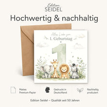 Laden Sie das Bild in den Galerie-Viewer, Edition Seidel Premium quadratische Glückwunschkarte zum 1. Geburtstag mit Umschlag. Grußkarte Kinderkarte Karte Spruch Alles Gute für Baby Junge Mädchen niedlich süß Tiere (GQ895 SW026)
