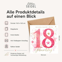 Laden Sie das Bild in den Galerie-Viewer, Edition Seidel Premium quadratische Glückwunschkarte zum 18. Geburtstag mit Umschlag. Grußkarte Karte Spruch Alles Gute für Frau Mann Teenager volljährig achtzehn lustig elegant (GQ923 SW026)
