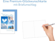 Laden Sie das Bild in den Galerie-Viewer, Edition Seidel Premium Glückwunschkarte zur Konfirmation mit Umschlag. Konfirmationskarte mit Spruch Karte Grusskarte Himmel Meer Wolken Kreuz Junge Mädchen (KF287 SW023)
