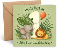 Laden Sie das Bild in den Galerie-Viewer, Edition Seidel Premium quadratische Glückwunschkarte zum 1. Geburtstag mit Umschlag. Grußkarte Kinderkarte Karte Spruch Alles Gute für Baby Junge Mädchen niedlich süß Tiere (GQ890 SW026)
