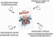 Laden Sie das Bild in den Galerie-Viewer, Edition Seidel Premium Glückwunschkarte zum Geburtstag mit Umschlag. Geburtstagskarte Grußkarte Karte Klappkarte Spruch Englisch Happy Birthday Mann Freund Rennwagen Tempo Vollgas (G4532 SW026)
