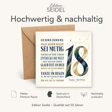 Laden Sie das Bild in den Galerie-Viewer, Edition Seidel Premium quadratische Glückwunschkarte zum 18. Geburtstag mit Umschlag. Grußkarte Karte Spruch Alles Gute für Frau Mann Teenager volljährig achtzehn lustig elegant (GQ906 SW026)
