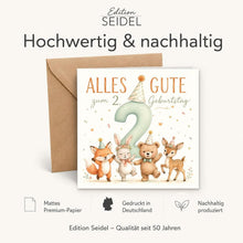 Laden Sie das Bild in den Galerie-Viewer, Edition Seidel Premium quadratische Glückwunschkarte zum 2. Geburtstag mit Umschlag. Grußkarte Kinderkarte Karte Spruch Alles Gute für Baby Junge Mädchen niedlich süß Tiere (GQ903 SW026)

