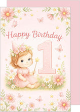 Laden Sie das Bild in den Galerie-Viewer, Edition Seidel Premium Glückwunschkarte zum 1. Geburtstag mit Umschlag. Karte Grußkarte Geburtstagskarte Happy Birthday Englisch Mädchen Kind Fee Blumen Zauberstab Zahl (G4130 SW026)
