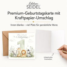 Laden Sie das Bild in den Galerie-Viewer, Edition Seidel Premium quadratische Glückwunschkarte zum 1. Geburtstag mit Umschlag. Grußkarte Kinderkarte Karte Spruch Alles Gute für Baby Junge Mädchen niedlich süß Tiere (GQ895 SW026)
