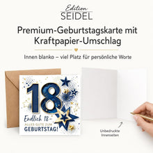 Laden Sie das Bild in den Galerie-Viewer, Edition Seidel Premium quadratische Glückwunschkarte zum 18. Geburtstag mit Umschlag. Grußkarte Karte Spruch Alles Gute für Frau Mann Teenager volljährig achtzehn lustig elegant (GQ922 SW026)
