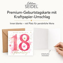 Laden Sie das Bild in den Galerie-Viewer, Edition Seidel Premium quadratische Glückwunschkarte zum 18. Geburtstag mit Umschlag. Grußkarte Karte Spruch Alles Gute für Frau Mann Teenager volljährig achtzehn lustig elegant (GQ923 SW026)
