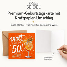 Laden Sie das Bild in den Galerie-Viewer, Edition Seidel Premium quadratische Glückwunschkarte zum 50. Geburtstag mit Umschlag. Grußkarte Karte Spruch Alles Gute für Frau Mann Aperol Prost Glückwünsche (GQ973 SW026)
