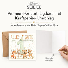 Laden Sie das Bild in den Galerie-Viewer, Edition Seidel Premium quadratische Glückwunschkarte zum 1. Geburtstag mit Umschlag. Grußkarte Kinderkarte Karte Spruch Alles Gute für Baby Junge Mädchen niedlich süß Tiere (GQ892 SW026)
