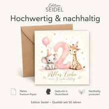Laden Sie das Bild in den Galerie-Viewer, Edition Seidel Premium quadratische Glückwunschkarte zum 2. Geburtstag mit Umschlag. Grußkarte Kinderkarte Karte Spruch Alles Gute für Baby Junge Mädchen niedlich süß Tiere (GQ901 SW026)
