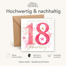 Laden Sie das Bild in den Galerie-Viewer, Edition Seidel Premium quadratische Glückwunschkarte zum 18. Geburtstag mit Umschlag. Grußkarte Karte Spruch Alles Gute für Frau Mann Teenager volljährig achtzehn lustig elegant (GQ923 SW026)
