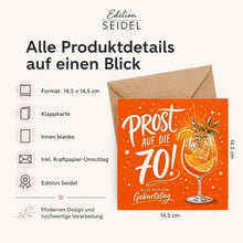 Laden Sie das Bild in den Galerie-Viewer, Edition Seidel Premium quadratische Glückwunschkarte zum 70. Geburtstag mit Umschlag. Grußkarte Karte Spruch Alles Gute für Frau Mann Aperol Prost Glückwünsche (GQ1000 SW026)
