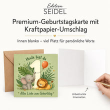 Laden Sie das Bild in den Galerie-Viewer, Edition Seidel Premium quadratische Glückwunschkarte zum 1. Geburtstag mit Umschlag. Grußkarte Kinderkarte Karte Spruch Alles Gute für Baby Junge Mädchen niedlich süß Tiere (GQ890 SW026)
