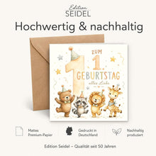 Laden Sie das Bild in den Galerie-Viewer, Edition Seidel Premium quadratische Glückwunschkarte zum 1. Geburtstag mit Umschlag. Grußkarte Kinderkarte Karte Spruch Alles Gute für Baby Junge Mädchen niedlich süß Tiere (GQ893 SW026)
