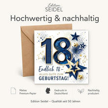 Laden Sie das Bild in den Galerie-Viewer, Edition Seidel Premium quadratische Glückwunschkarte zum 18. Geburtstag mit Umschlag. Grußkarte Karte Spruch Alles Gute für Frau Mann Teenager volljährig achtzehn lustig elegant (GQ922 SW026)
