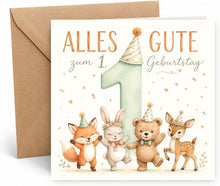 Laden Sie das Bild in den Galerie-Viewer, Edition Seidel Premium quadratische Glückwunschkarte zum 1. Geburtstag mit Umschlag. Grußkarte Kinderkarte Karte Spruch Alles Gute für Baby Junge Mädchen niedlich süß Tiere (GQ892 SW026)
